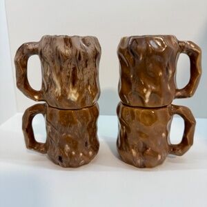 Vintage Brown Glaze MCM Handcrafted Coffee Mugs Set of 4 Geometric Detail